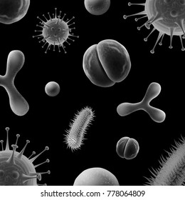 Vector black and white illustration of different bacteria and viruses: bacilli, diplococci, cocci, lactobacteria