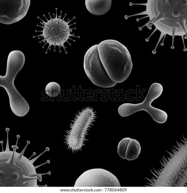 さまざまな細菌やウイルスのベクター画像白黒イラスト Bacilds Diplococcus Coccus Lactobacterium のベクター画像素材 ロイヤリティフリー
