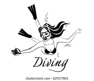 Vector black and white illustration of a diving women