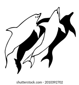 vector black and white illustration of dolphins swimming in ocean or sea water isolated on white background. useful for logos, dolphinarium, aquariums, diving advertisements, swimming pools, posters.