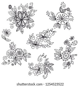 Vector black and white illustration of doodle sketch abstract flowers, useful big set for your design isolated on empty white background, fantastic hand drawn floral design element, floristics