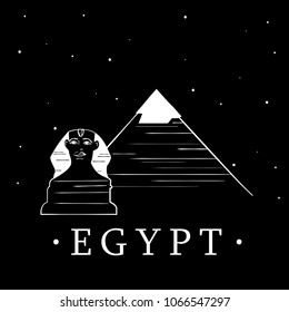 Vector black and white illustration of an Egyptian pyramid and Sphinx in Giza. Card with Egypt. The illustration can be used as a print for T-shirts, souvenirs, clothes, notepads, textiles