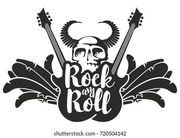 Vector black and white illustration with electric guitars, wings, feathers, human skull and bull horns with inscription rock and roll