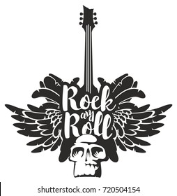 Vector black and white illustration with an electric guitar, wings, feathers and human skull with inscription rock and roll