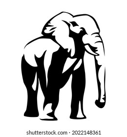 Vector black and white illustration of an elephant isolated on a white background.