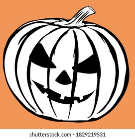 Vector black and white illustration of evil Halloween pumpkin (Jack'O Lantern)