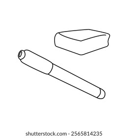 Vector black and white illustration of a felt-tip pen and eraser on a white background.