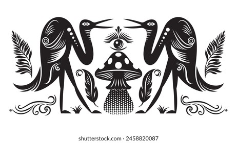 Ilustración en blanco y negro de Vector de pájaros de ficción, grúa, ilustración sobre el tema de mitología	
