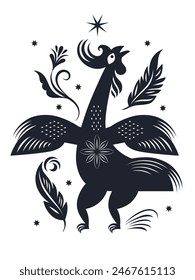 vector black and white illustration of Fiction Rooster,Folk Art style, linocut , animalistic ornament	
