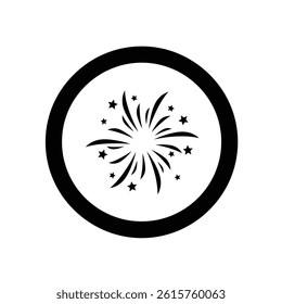 Vector Black And White Illustration Of Fireworks Display With Stars In Circle