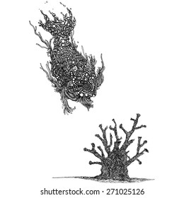 Vector black and white illustration of fish and seaweed