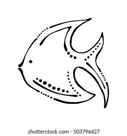 Vector black and white  illustration. Fish isolated on the white background. Hand drawn contour lines and strokes. Marine  logo, icon, sign, tattoo. Graphic vector illustration. 