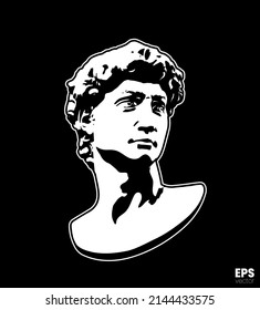 Vector black and white illustration in flat minimalist logo style icon of classical male head sculpture isolated on background.