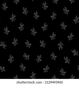 Vector black and white illustration. Floral seamless pattern. Bouquet of wild flowers. Hand drawn flower field. Simple flowers. Flowering heads of field chamomile. Outline drawing.