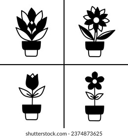 Ilustración vectorial en blanco y negro de la flor en la maceta icono para los negocios. Diseño vectorial de material.