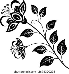 Ilustração em preto e branco vetorial de um ramo florido com folhas, isolado no fundo branco