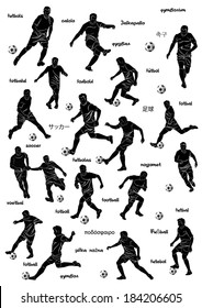 Vector black and white illustration of football players in action and word football in different languages.