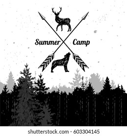 Vector black and white illustration of forest landscape with emblem of arrows and animals â?? deer and wolf â?? and inscription summer camp. 