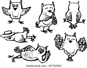 Vector black and white illustration of fun cartoon owl