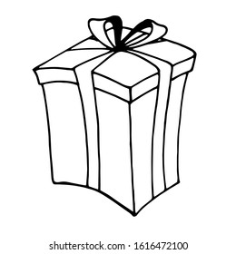Vector black and white illustration of gift box with ribbon and bow. Suitable for decoration of wrapping paper, stationery, greeting cards.