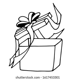 Vector black and white illustration of gift box with ribbon and bow.  