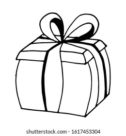 Vector black and white illustration of gift box with ribbon and bow.  