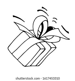 Vector black and white illustration of gift box with ribbon and bow.  