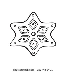 Vector black and white illustration of gingerbread in the shape of a star. Christmas cookies are hand drawn with ink. For the design of holiday cards, New Year's decoration, packaging.