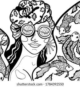 Vector black and white illustration of a girl in glasses. Summer mood, fashionable girl and fish. Antistress, coloring book. Unique hand drawing.