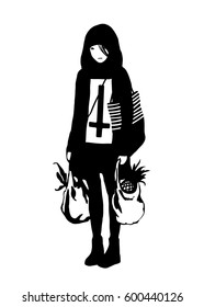 vector black and white illustration of a gothic girl in her everyday life
