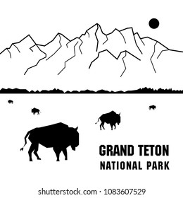 Vector black and white illustration of Grand Teton National Park with bisons.