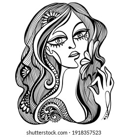 Vector black and white illustration. Graphic abstract portrait of a woman with a flower in her hand.