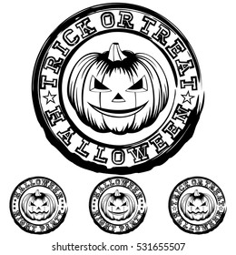 Vector black and white illustration grunge stamp with lettering halloween and trick or treat and night party jack-o-lantern pumpkins set. 