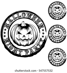 Vector black and white illustration grunge stamp with lettering halloween and trick or treat and night party jack-o-lantern pumpkins set. 