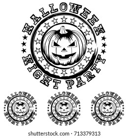 Vector black and white illustration grunge stamp with lettering halloween and night party and jack-o-lantern pumpkins set. 