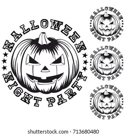 Vector black and white illustration grunge stamp with lettering halloween and night party and jack-o-lantern pumpkins set. 