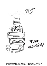 Vector black and white illustration of hand drawn sketch cat sitting on old suitcases and looking at flying paper plane, lettering love adventures, drawn with pen, stack of travel bags