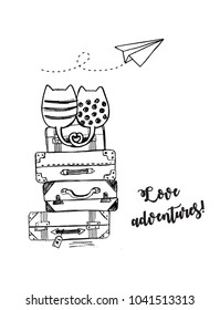 Vector black and white illustration of hand drawn loving cats sitting on old suitcases and looking at flying paper plane, lettering love adventures, drawn with pen, stack of travel bags. fall in love