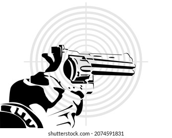 ilustración vectorial en blanco y negro de una mano sosteniendo un revólver contra el fondo de un blanco, para decorar fondos de estilo militar y carteles publicitarios de galerías de tiro