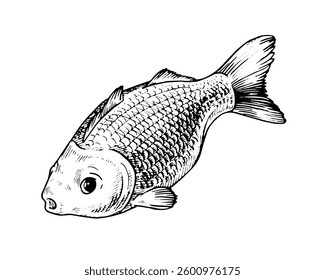 Vector black and white illustration. Hand drawn art on the theme of fish. With a white isolated silhouette on the background