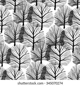 Vector black and white illustration hand drawn flower. Graphic leaves and trees.