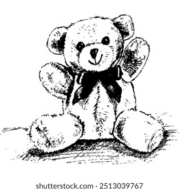 Vector black and white illustration of a hand-drawn sitting teddy bear with a ribbon tied in a bow on his neck. Isolated graphic object on a white background.