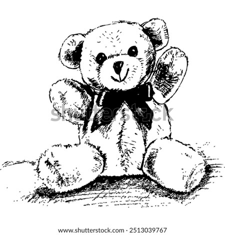 Vector black and white illustration of a hand-drawn sitting teddy bear with a ribbon tied in a bow on his neck. Isolated graphic object on a white background.