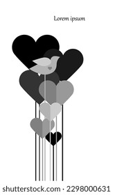 Vector black and white illustration with hearts and bird on white background. Beautiful design element for your Valentines Day design, wedding decor, cards and posters.