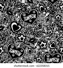 Vector black and white illustration hearts, lips and stars. Inscription love and kiss on grunge backdrop. Seamless background. For t-shirt design or print on textile.