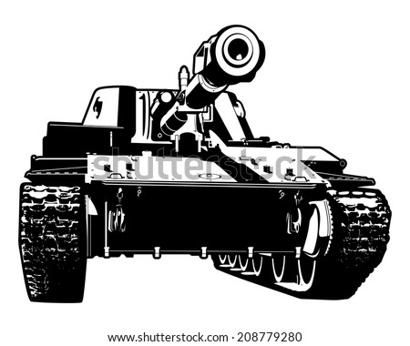 Vector black and white illustration of heavy tank. 