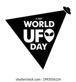
Vector black and white illustration in honor of world UFO day. July 2. Spaceship, ray of light, alien. Poster, card, print, postcard, logo for UFO lovers