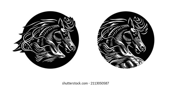 Vector black and white illustration of a horse. Muzzle of a horse with a mane. Beautiful stallion, horse, foal. 
