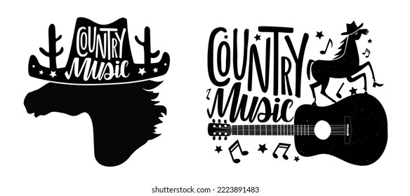 Vector Black White Illustration Of  Horse In Shoes Dancing On Guitar And Lettering Text - Country Music. Funny Typography Poster Set With Animal, Musical Instrument, Cowboy Hat, Stars, Melody Symbols