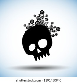 Vector black and white illustration of human skull with a lower jaw in ink hand drawn style.